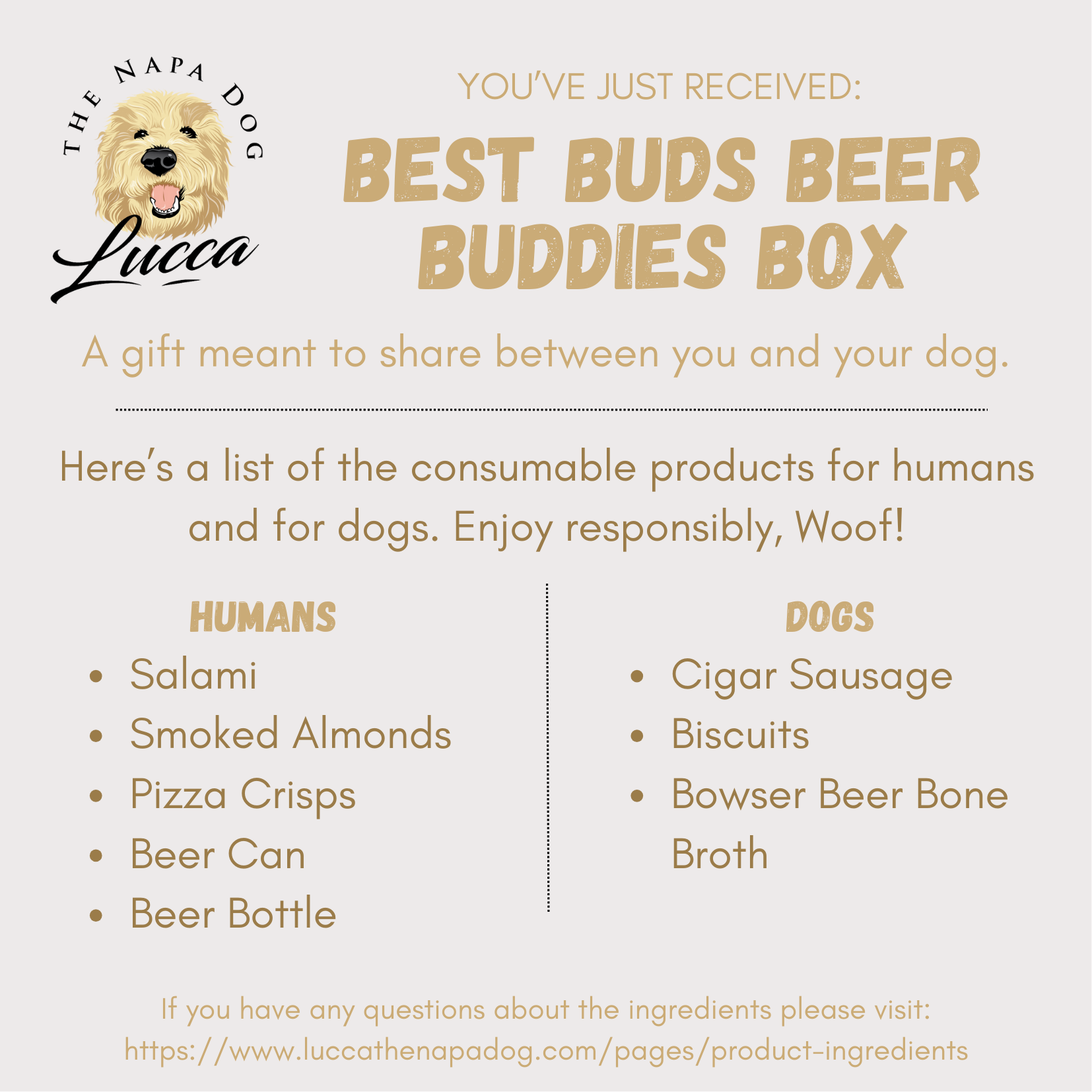 ingredient insert of consumable products in best buds beer buddies by lucca gift box
