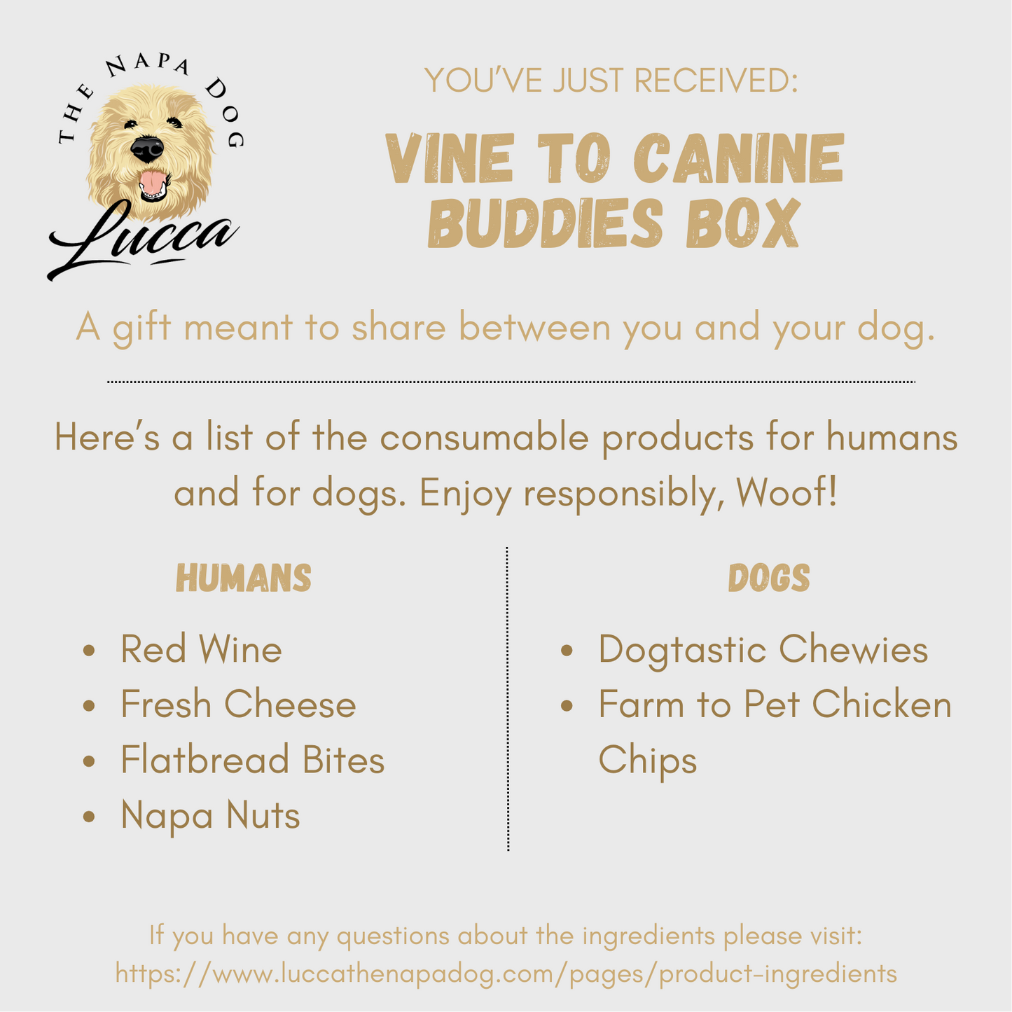ingredient insert information card included in this gift vine to canine buddies by lucca gift box