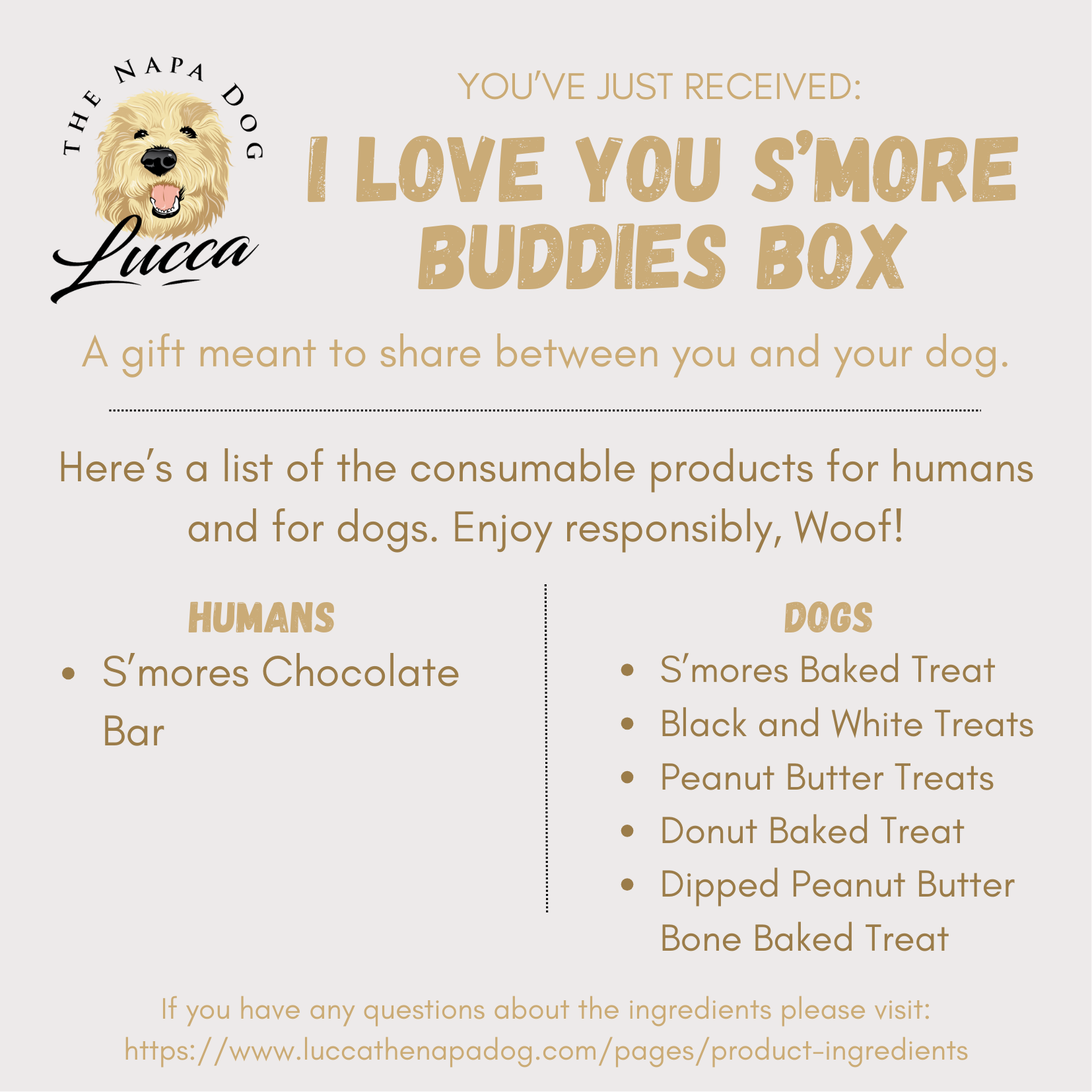 ingredient insert product information for i love you s'more dog lovers buddies by lucca gift box