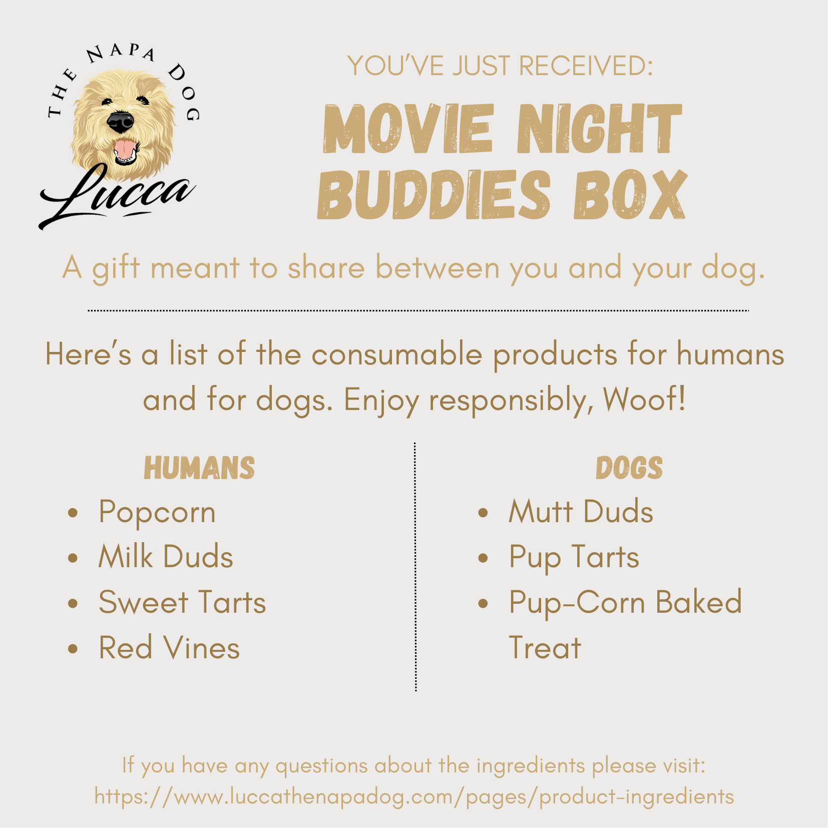 ingredient insert card information on pup-corn and movie night buddies by lucca gift box