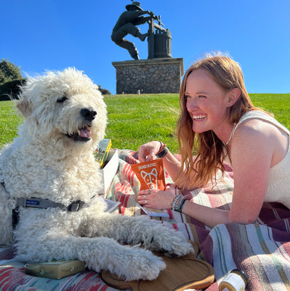 sammy and lucca enjoying the Paw'cuterie Gourmet Picnic Buddies Gift Box