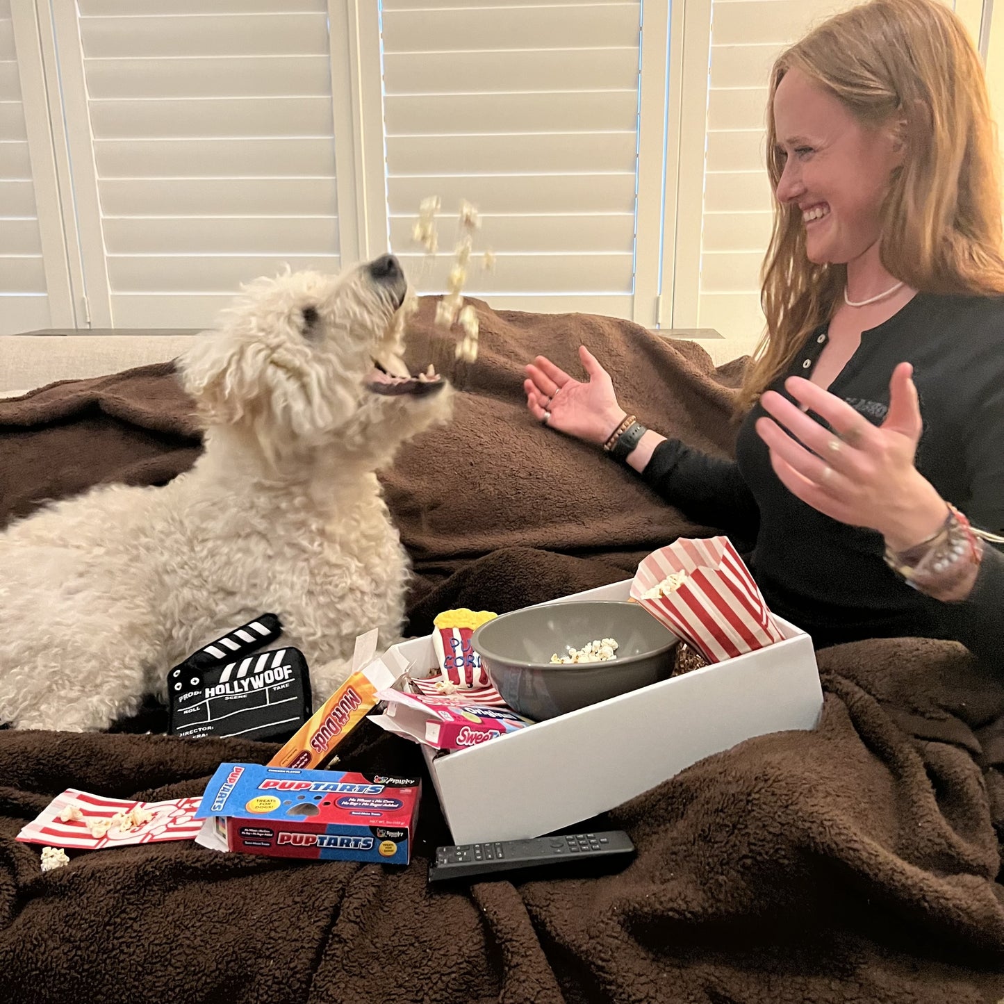 sammy and lucca enjoying the pup-corn and movie night buddies by lucca gift box