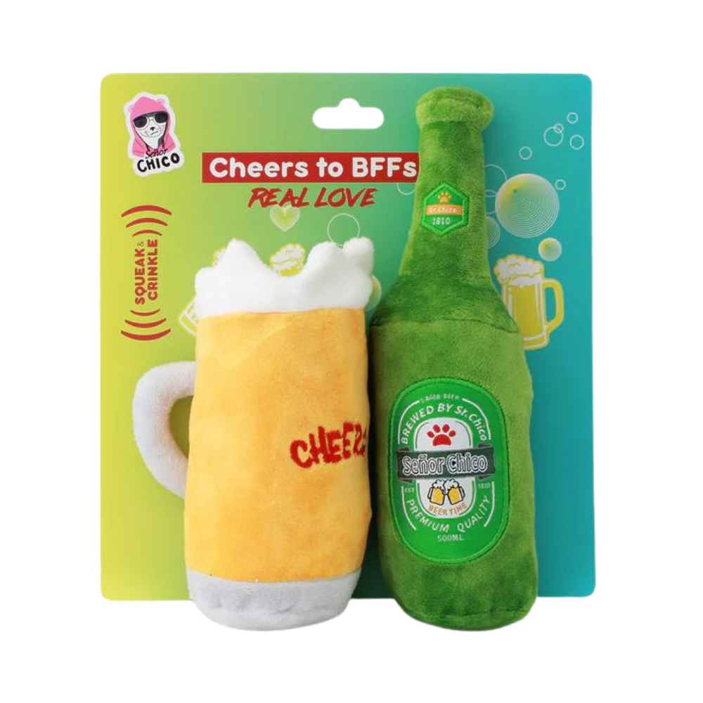 Beer Bottle and Beer Pint Plush Squeaky Dog Toy